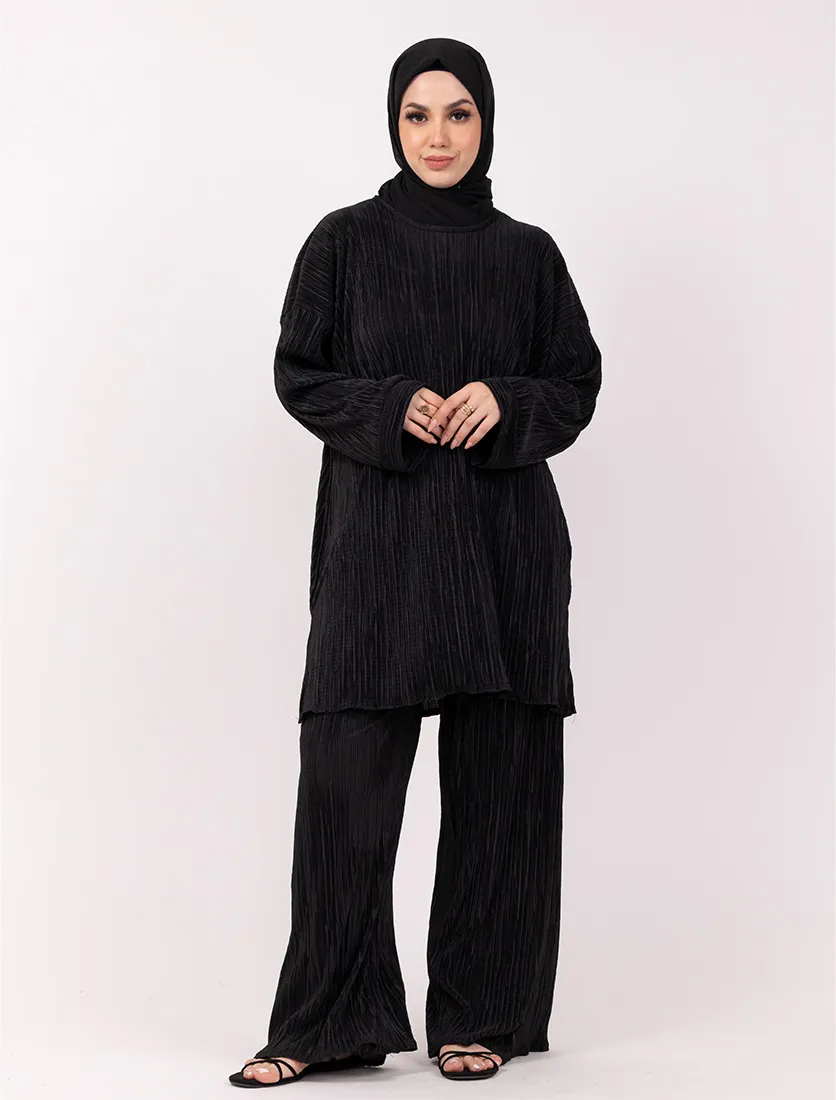 Black Midi Plisse Co Ord